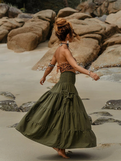 Casual Women Bohemian Loose Solid Skirt Army Green GlamzKart