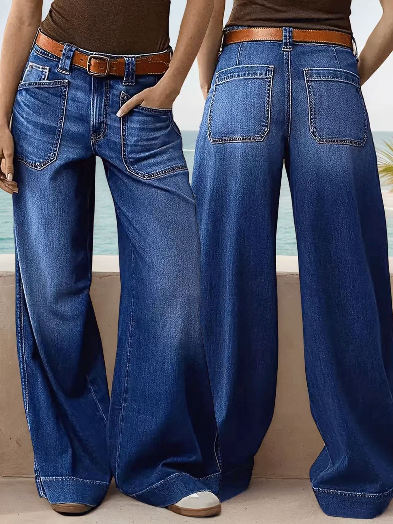 Loose Slimming Ladies Wide-leg Straight Pants Denim Ankle-length Pants Dark Blue GlamzKart