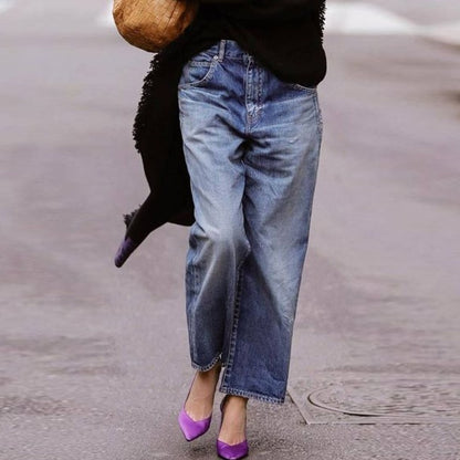Loose Mid Waist Casual Straight Pants Cropped Pants Blue GlamzKart