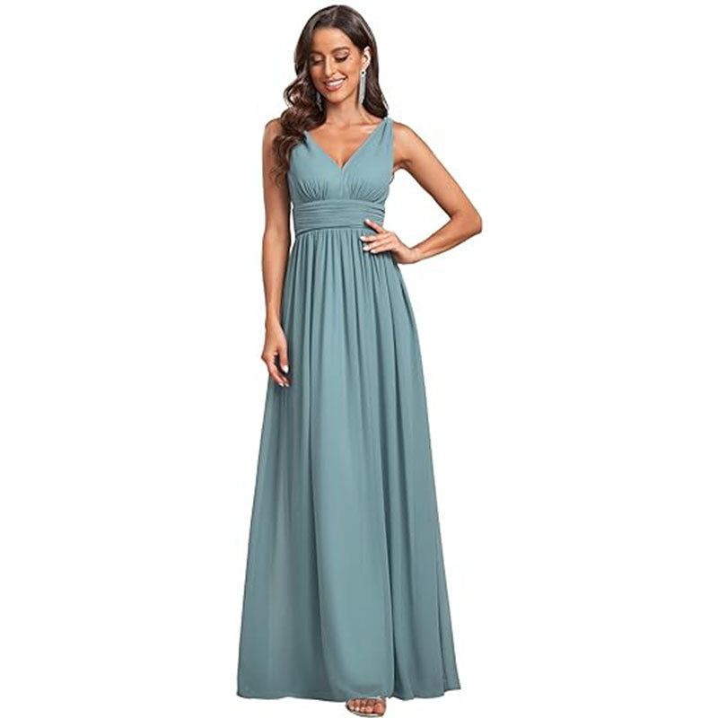 Women's Elegant Graceful Deep V-neck Sleeveless Chiffon Formal Maxi Evening Dress Gray blue GlamzKart