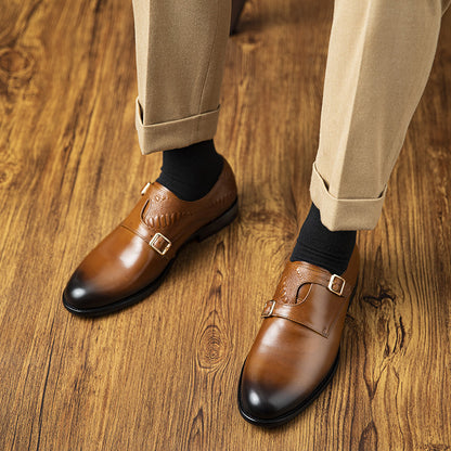 Men's First Layer Cowhide Summer Round Toe Double Buckle Retro Style Business Leather Shoes GlamzKart