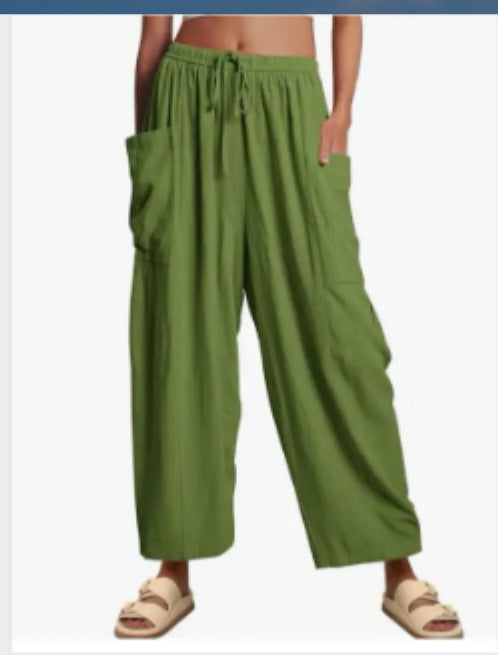 Elastic Pleated High Waist Cotton Linen Wide Leg Pants Grass Green GlamzKart