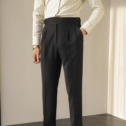 British Retro Business Casual Paris Buckle Suit Pants Men Black GlamzKart