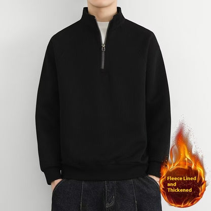 Half Zipped Stand Collar Men's Vintage Fleece-lined Thickened Casual Sweatshirt Black Velvet GlamzKart