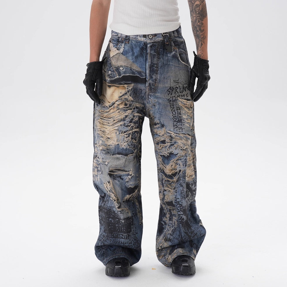 3D Digital Printing Ripped Graffiti Straight Jeans GlamzKart