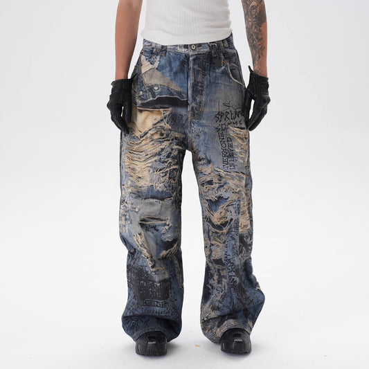 3D Digital Printing Ripped Graffiti Straight Jeans GlamzKart