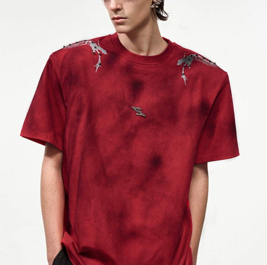 Rivet Backbone Spirit Snake Padded Shoulder Short Sleeve Red GlamzKart