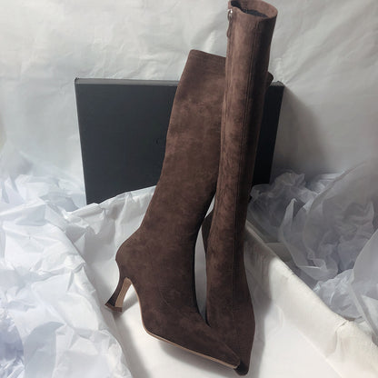 Women's Simple Side Zip High Heel Boots Light Brown GlamzKart