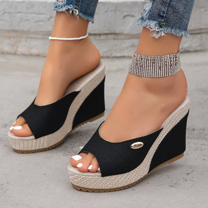 Women's Black Wedge Sandals With Buckle Details, Stylish And Generous GlamzKart