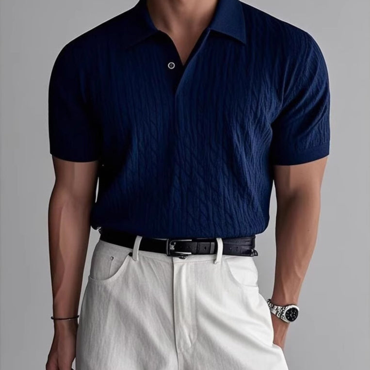 American Retro Hemp Pattern Lapel Men's T-shirt Blue GlamzKart