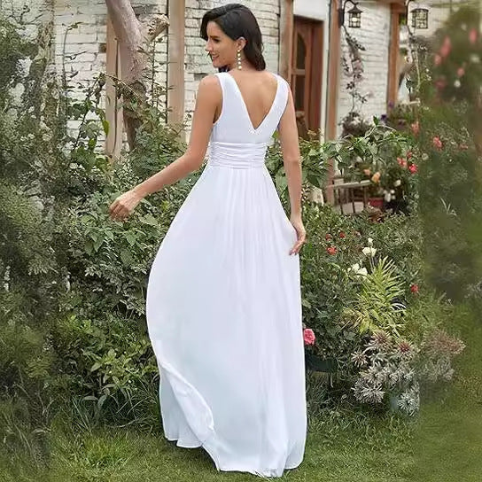 Women's Elegant Graceful Deep V-neck Sleeveless Chiffon Formal Maxi Evening Dress GlamzKart