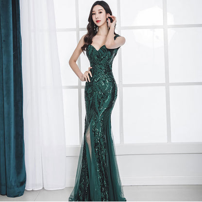 Fishtail Long Summer Sequins Sling Evening Dress Banquet Green GlamzKart