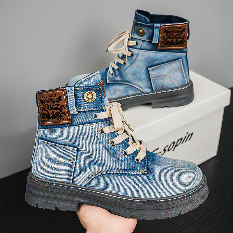 Plus Size Men's Mid-top Denim Casual All-matching Work Clothes Martin Boots Blue GlamzKart