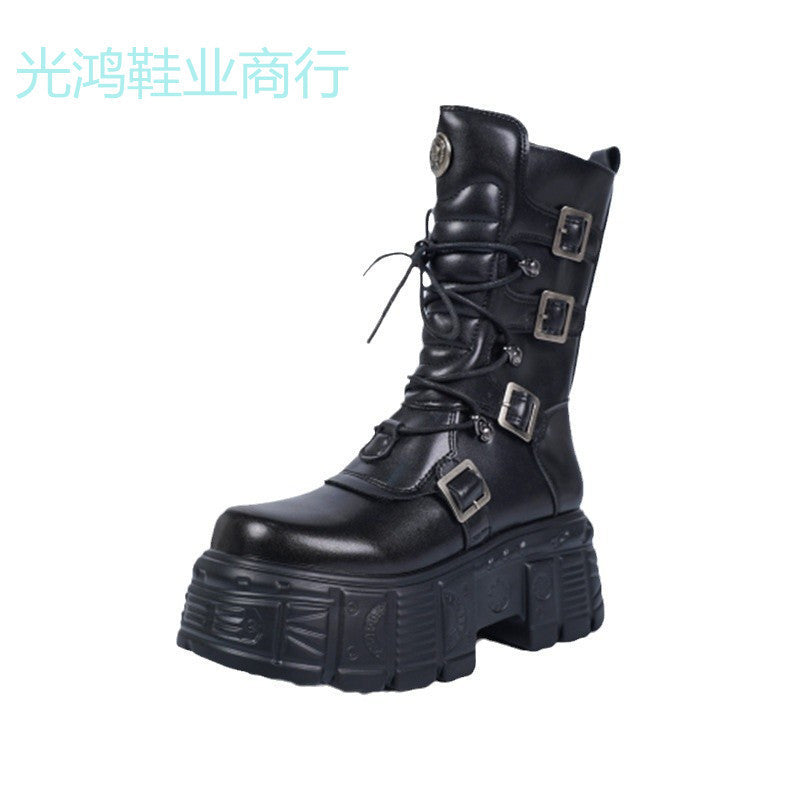 Dark Punk Metal Tank Platform Lace-up Middle Boots Gothic Martin Boots Black GlamzKart