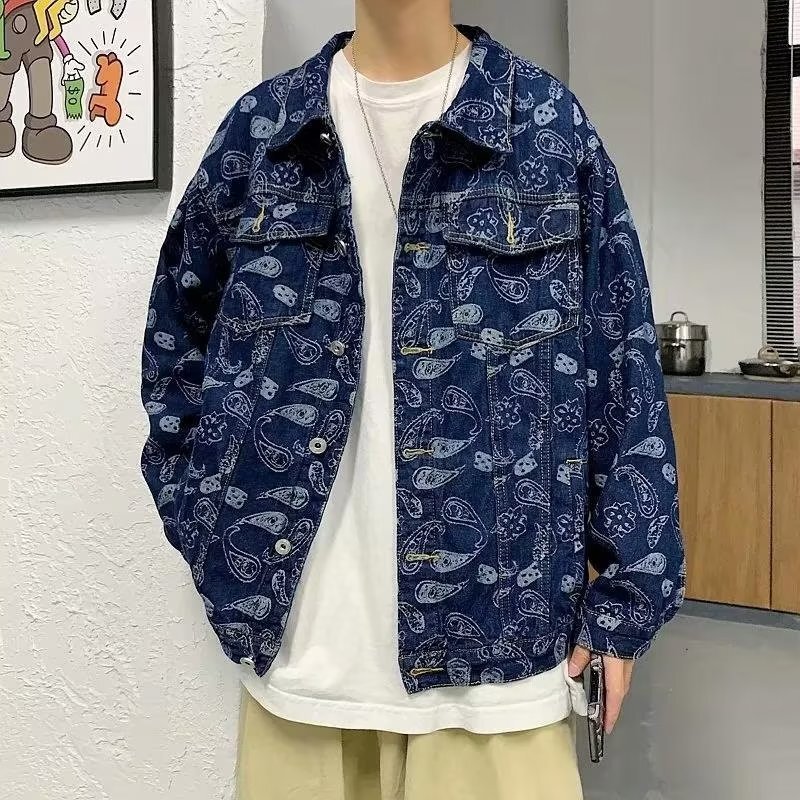 Spring And Autumn Black Jacquard Plaid Denim Jacket Blue GlamzKart