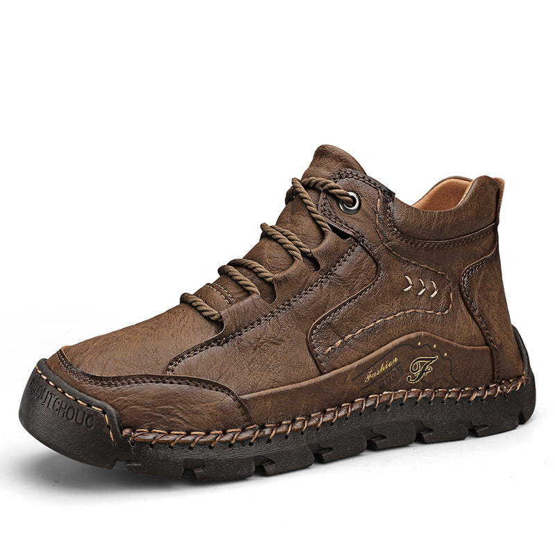 Fleece-lined Warm Mid-top Cotton-padded Shoes Soft Bottom Stitching Non-slip Men's Outdoor Leisure Shoes 48 Dark Brown Plus Velvet GlamzKart