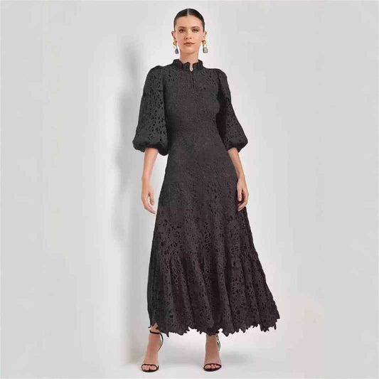 European American Dream Girl Elegant Graceful Solid Color Hollow Lace Long Dress
