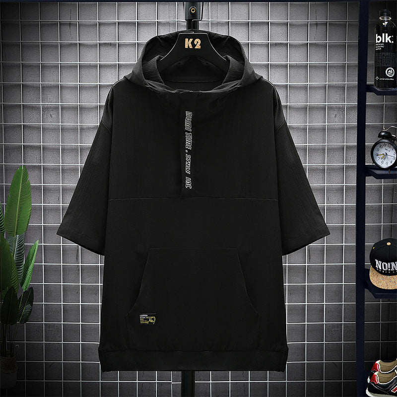 Fashion Men's Sports Hooded Short Sleeve T-shirt Black GlamzKart
