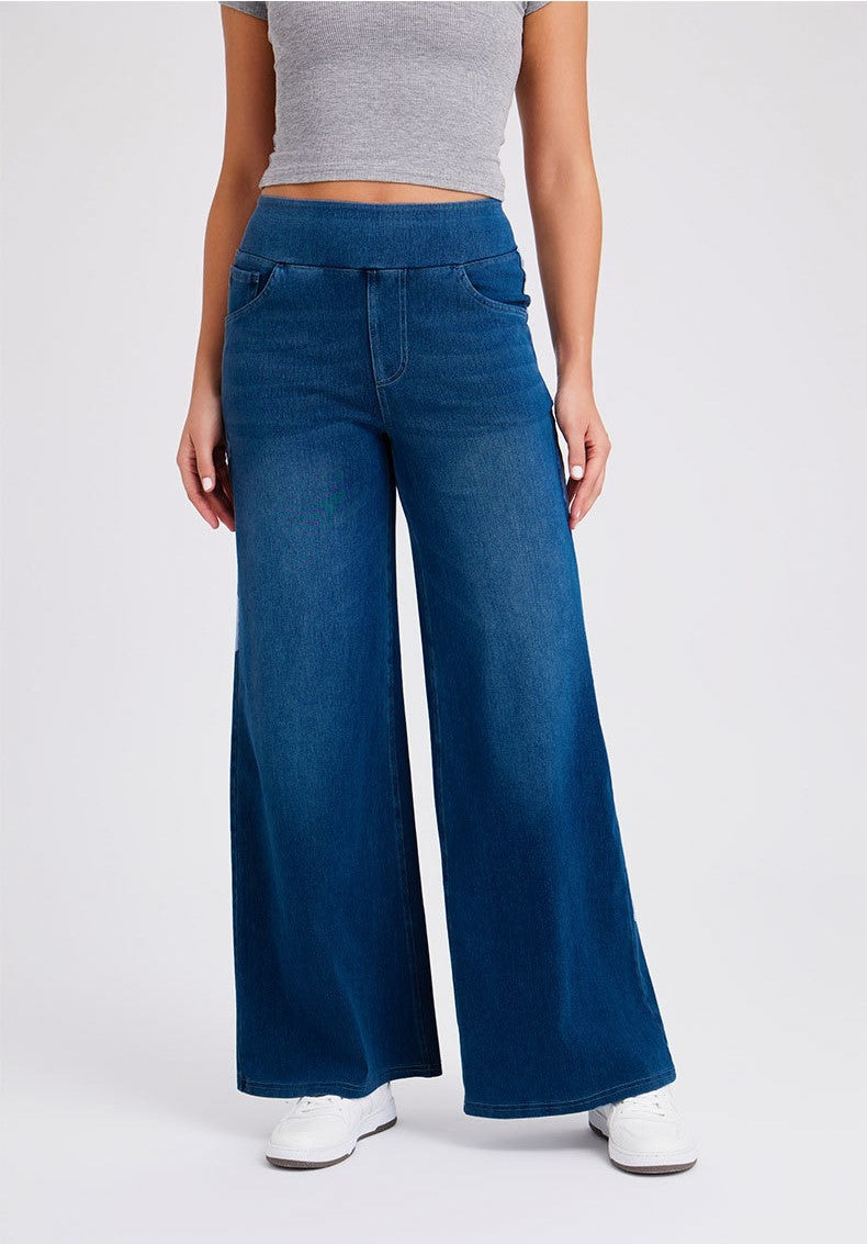 New Plus Size Women's High Waist Flared Jeans With Multiple Pockets, Straight Loose Fit, Distressed Casual Denim Pants Deep Blue GlamzKart
