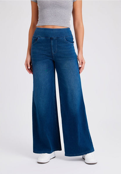 New Plus Size Women's High Waist Flared Jeans With Multiple Pockets, Straight Loose Fit, Distressed Casual Denim Pants Deep Blue GlamzKart