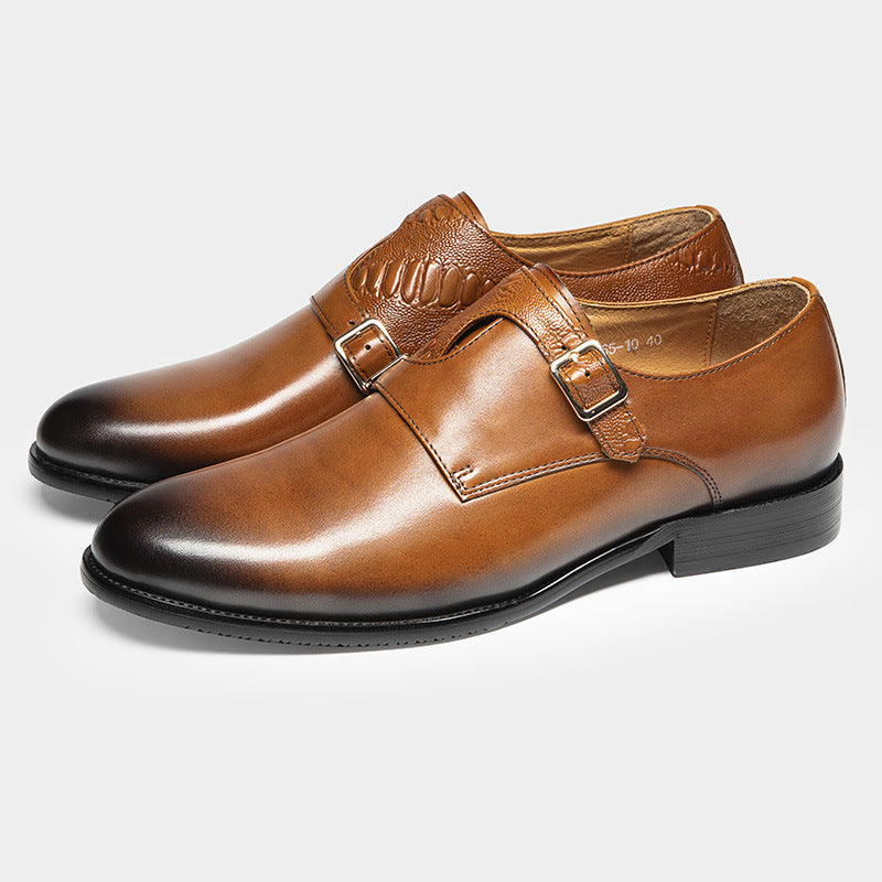Men's First Layer Cowhide Summer Round Toe Double Buckle Retro Style Business Leather Shoes Yellow Brown GlamzKart