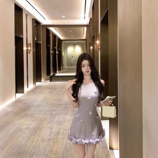 Retro Three-dimensional Flower Edge Sleeveless Waist Trimming Short Dress