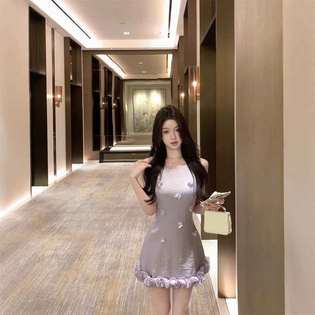 Retro Three-dimensional Flower Edge Sleeveless Waist Trimming Short Dress