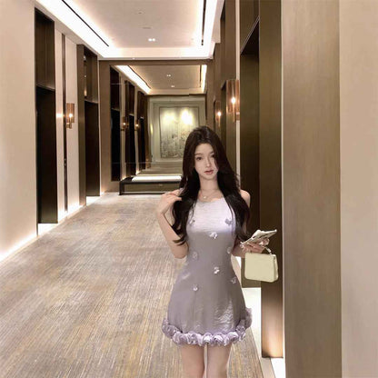 Retro Three-dimensional Flower Edge Sleeveless Waist Trimming Short Dress