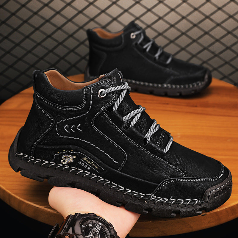 Fleece-lined Warm Mid-top Cotton-padded Shoes Soft Bottom Stitching Non-slip Men's Outdoor Leisure Shoes 48 Black Plus Velvet GlamzKart