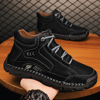 Fleece-lined Warm Mid-top Cotton-padded Shoes Soft Bottom Stitching Non-slip Men's Outdoor Leisure Shoes 48 Black Plus Velvet GlamzKart
