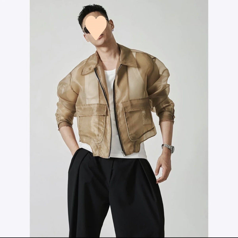 Lapel Mesh Hooded Long-sleeved Jacket Brown GlamzKart