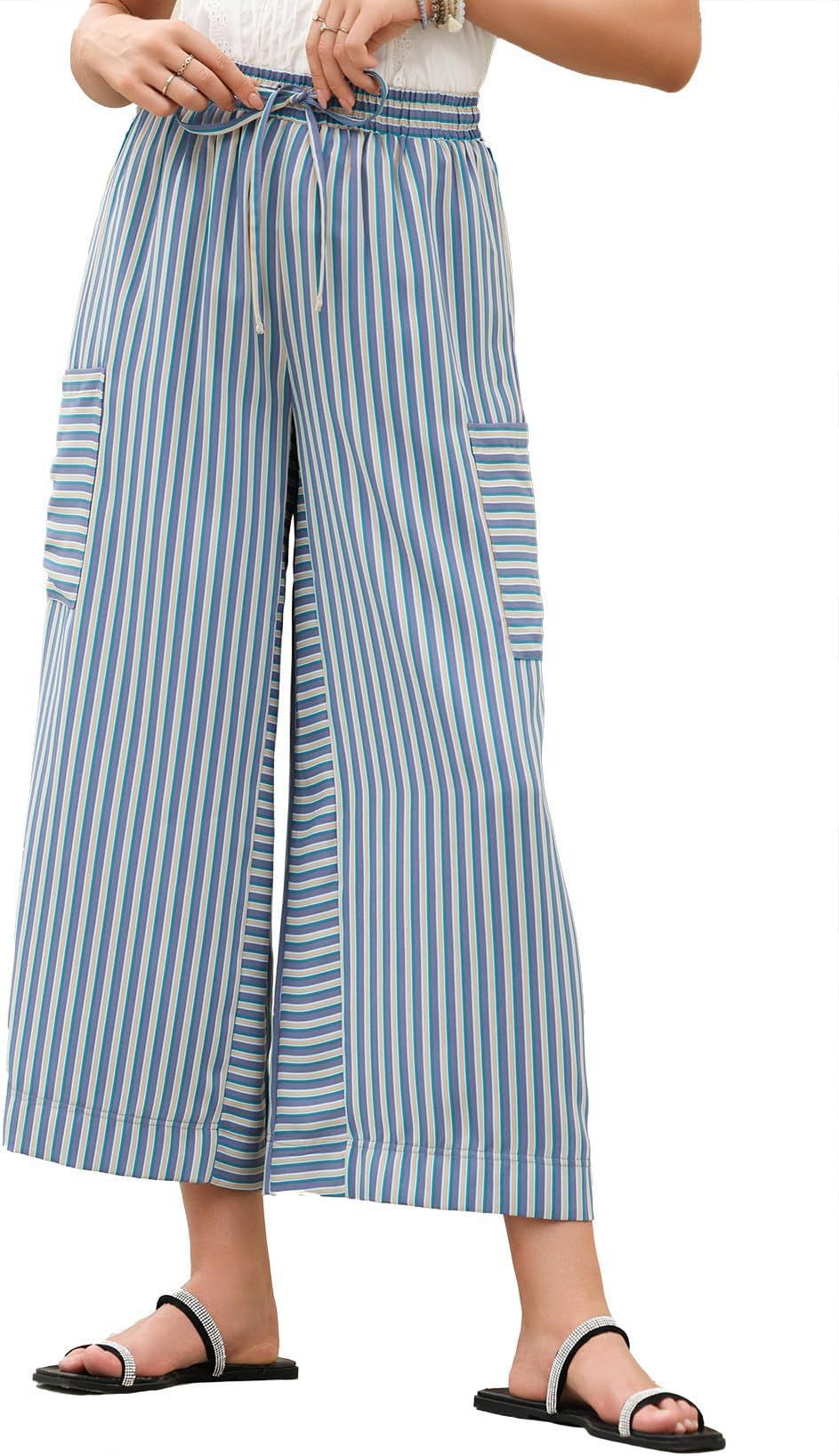 Summer Stripes Straight-leg Pants Women's Clothing Light Blue GlamzKart