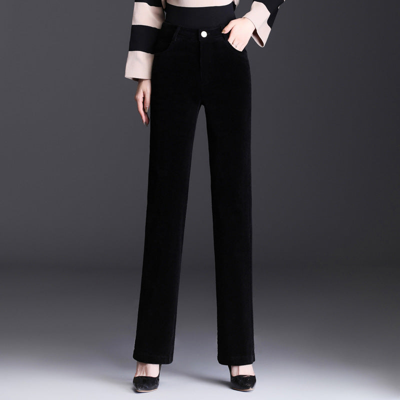 High Waist Straight Corduroy Women's Pants Loose Lamp Wick Black GlamzKart