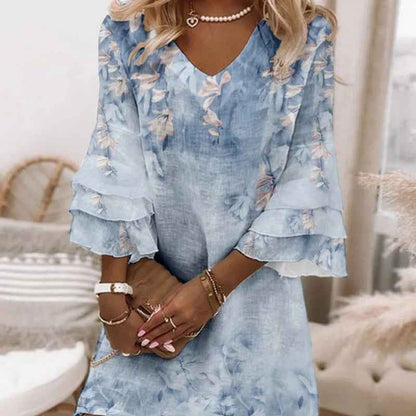 Printed V-neck 34 Sleeve Mini Dress