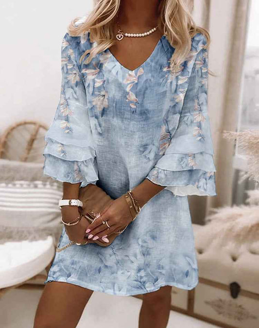 Printed V-neck 34 Sleeve Mini Dress