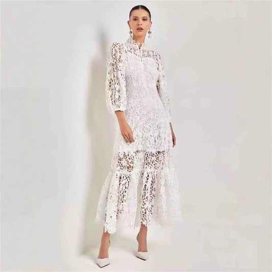 European American Dream Girl Elegant Graceful Solid Color Hollow Lace Long Dress