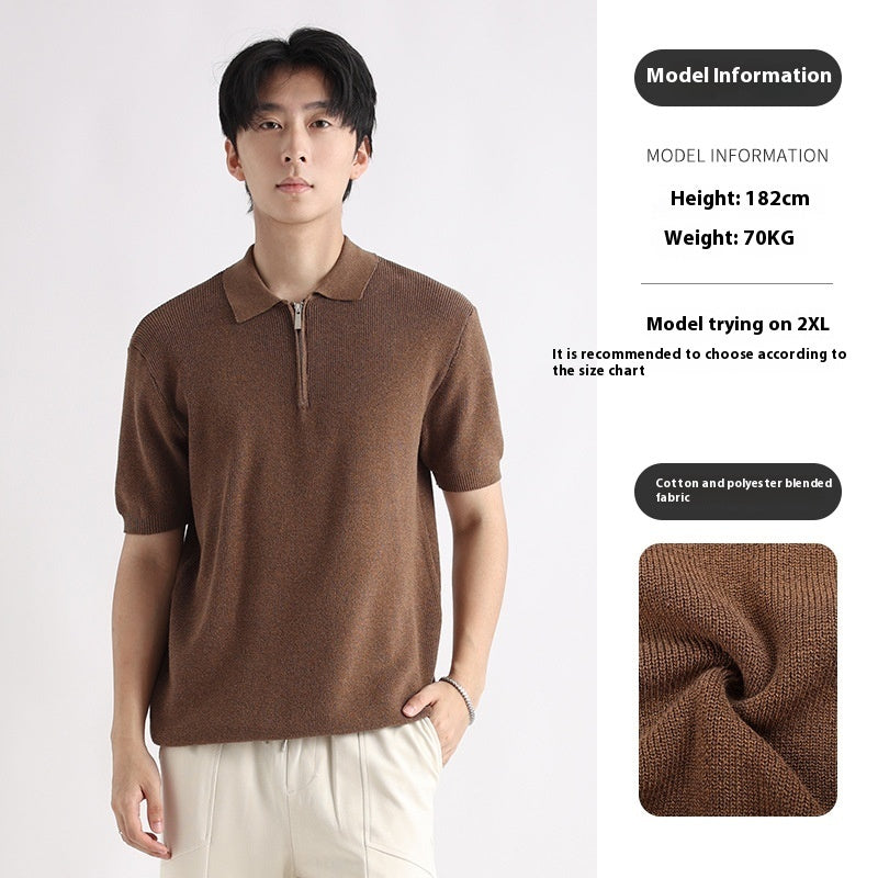 Men's Knitted Short-sleeved Ice Silk Polo Shirt Brown GlamzKart