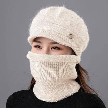 Rabbit Fur Knitted Woolen Cap Women's Autumn Versatile Winter Warm Beanie Hat Beige CAP Hat Scarf GlamzKart