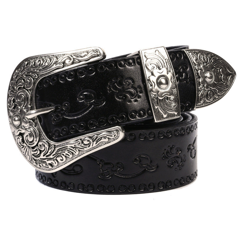 Embossed First Layer Cowhide Men's Mongolian Style Personalized Carved Belt Morning Glory Black GlamzKart