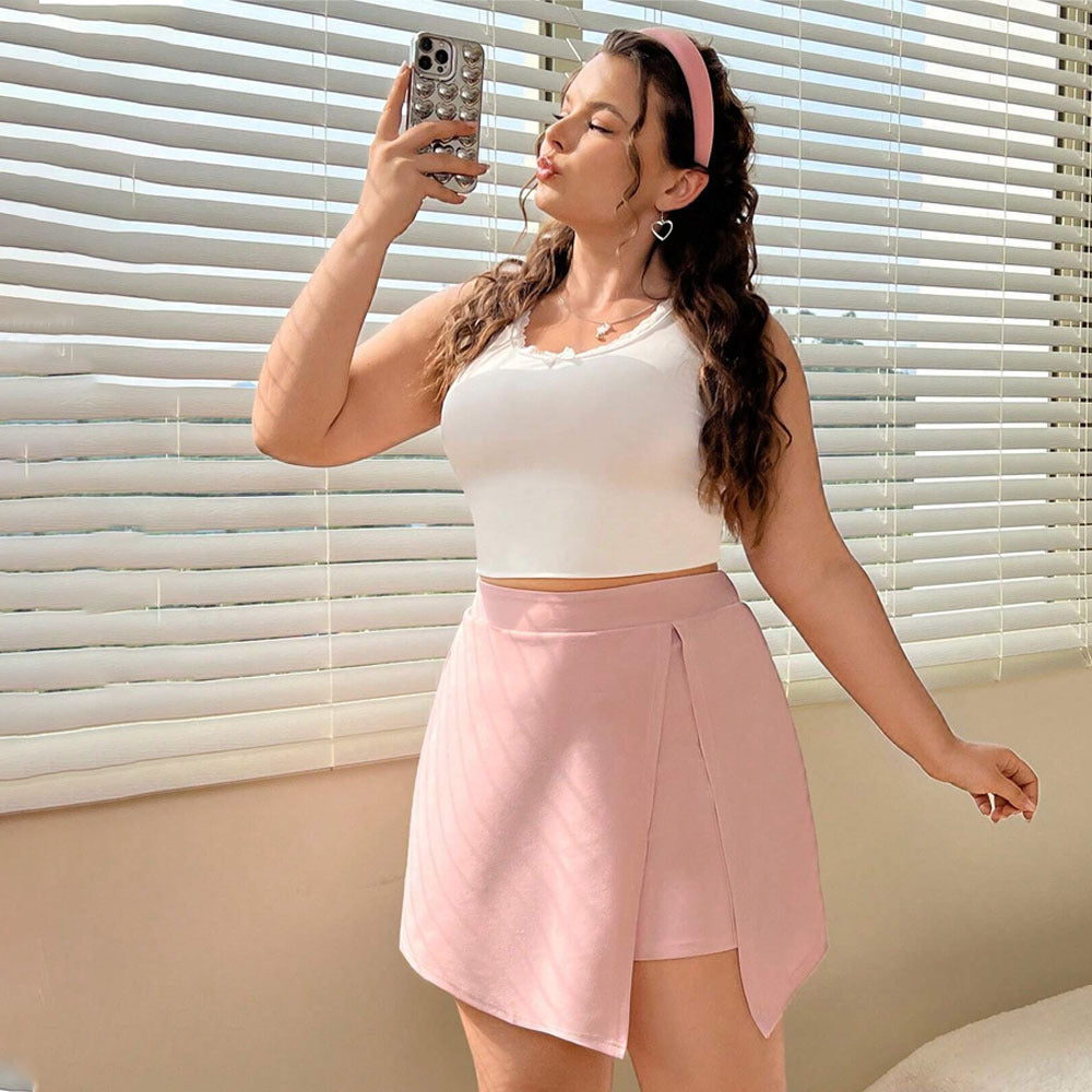 High Waist Slimming Irregular Black Slit Sheath Skirt Pink GlamzKart