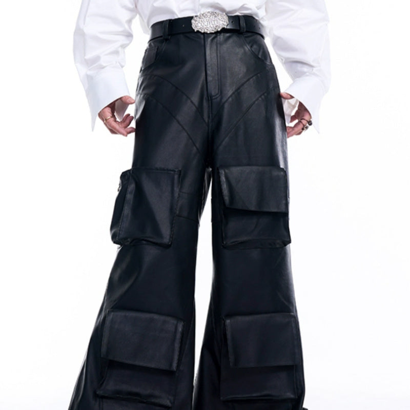 Autumn Three-dimensional Pocket Leather Pants Wide Leg Black GlamzKart