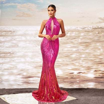 Round Neck Off-the-shoulder Slim-fit Sheath Sequined Banquet Fishtail Evening Dress GlamzKart