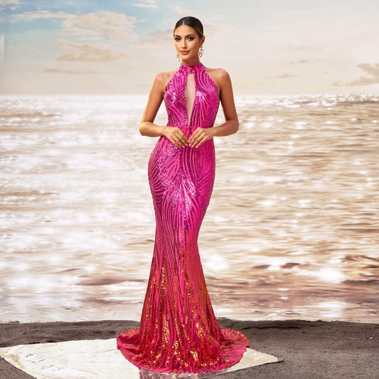 Round Neck Off-the-shoulder Slim-fit Sheath Sequined Banquet Fishtail Evening Dress GlamzKart