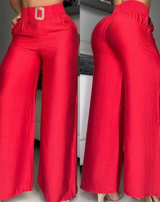 Wide Leg High Waist Loose And Slimming Metal Decorative Speakers Trousers Red GlamzKart