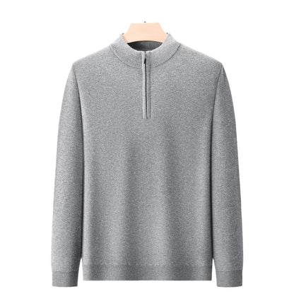 Men's Half-high Collar Zipper Sweater Middle-aged Men's Thickened Keep Warm Pure Color Sweater GlamzKart