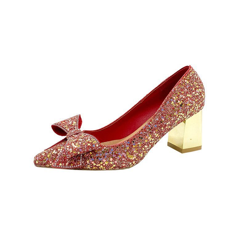 Crystal Sequins Wedding Xiuhe Chunky Heel Pointed-toe Shoes Red Paillette 6.5cm GlamzKart