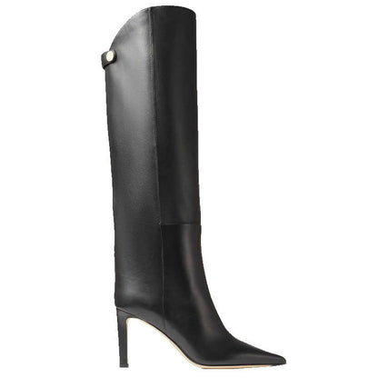 Simple European And American Style Fashion Catwalk Pointed-toe Stiletto Straight Boots Black Leather GlamzKart