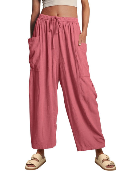 Stretched-waist Pleated High-waisted Wide-leg Loose Casual Cotton And Linen Long Pants Pink GlamzKart