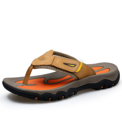Large Dock Layer Cowhide Men's Flip-flops Golden Yellow GlamzKart
