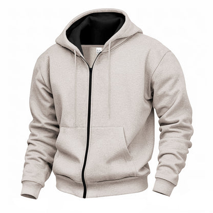 Men's Warm With Velvet Hooded Zipper Casual Sweatshirt Light Gray GlamzKart
